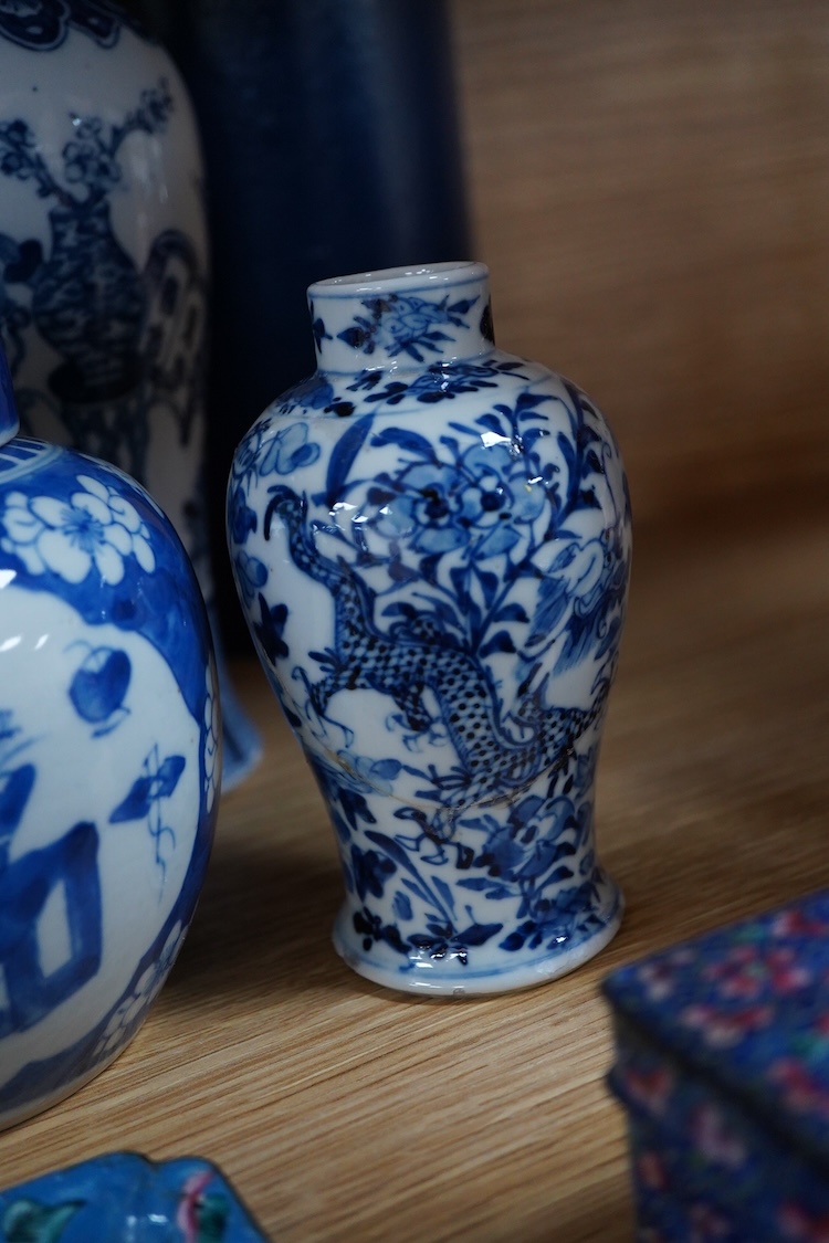 A pair of Chinese blue and white vases and covers and three other items, together with Japanese ceramics, cloisonné and Canton enamelware (11)